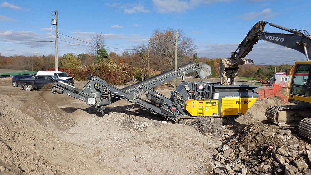 Crushing on-site at a demolition job-site in Ontario, Canada
